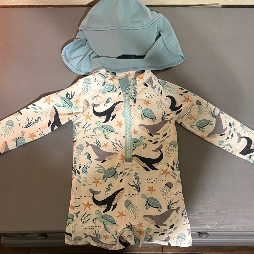 NWOT Caribbean Joe Kids UPF 50 Swim One Piece with Sea Life Print & Hat